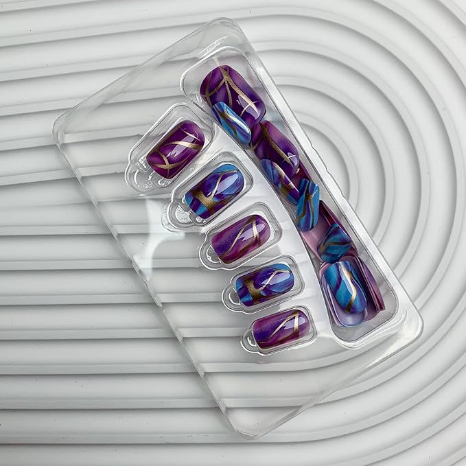 Square Press on Nails Short Purple Fake Nails Marble Acrylic Nails with Design Gradation Gold Line Glue on Nails Glossy Stick on Nails False Nails Kit for Women Girls Manicure Art 24 Pcs