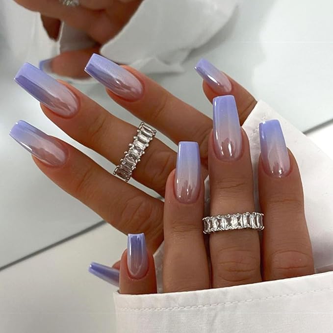 Coffin Press on Nails Medium Fake Nails with Light Purple Gradient Design Coffin Nails Press ons Chrome False Nails Nude Full Cover Glue on Nails Glossy Artificial Stick on Nails for Women 24Pcs