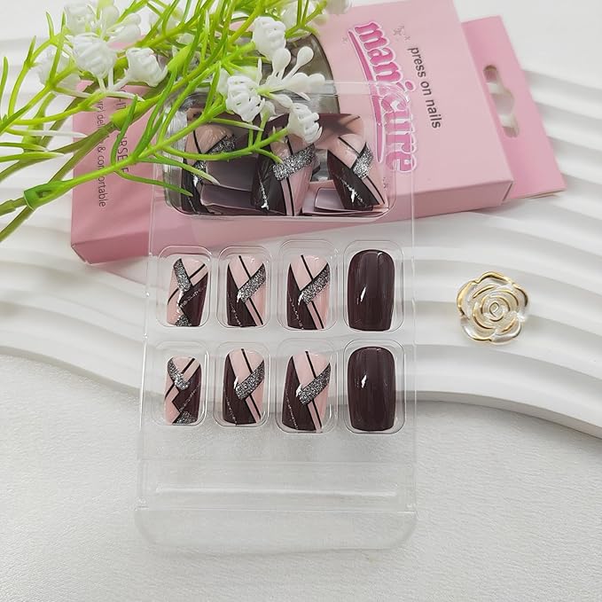 Press on Nails Medium Square Fake Nails Acrylic Nails Press ons Glossy Glue on Nails Fall False Nails with Glitter Line Designs Red Brown Full Cover Artificial Stick on Nails for Women 24Pcs