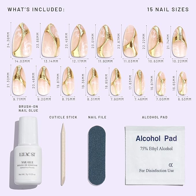 Lilac St - Press On Nails, Gold In My Veins (30 Nails, 15 Sizes) - Long, Almond, Glossy, Opaque - Brush-On Nail Glue, Nail File, Cuticle Stick, Prep Pad - Reusable - Cruelty Free, Vegan, Women Founded