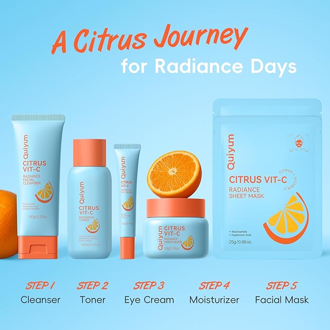 Citrus Vitamin C Skin Care Set, K-Beauty Skincare for Women Teens Girls- Gift Set with Cleanser, Toner, Eye Cream, Moisturizer, Facial Mask *2, Facial Skincare Product, Travel Set, for Oil Skin Type