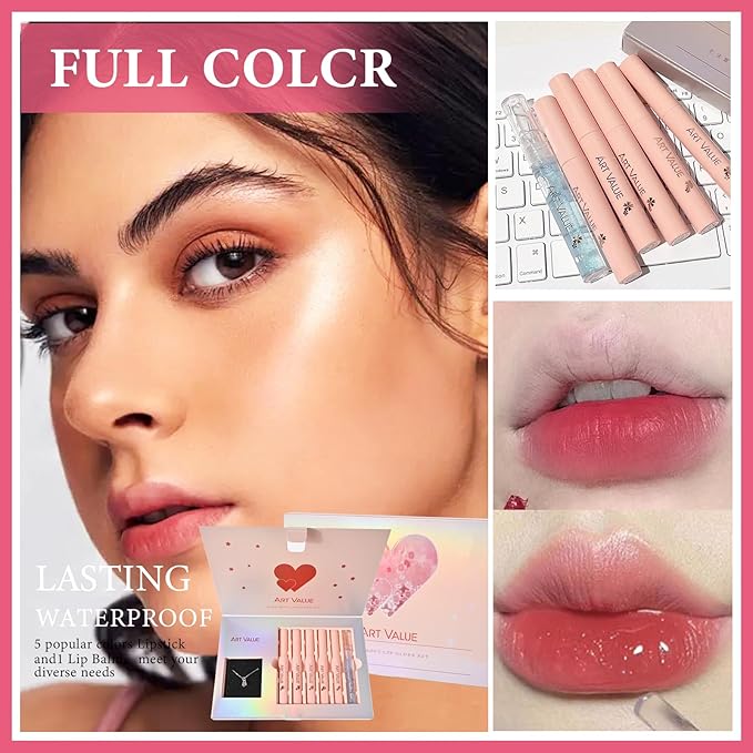 Christmas Gift for Women, 7 Pcs Gift Box Set Include Matte Lipstick, Lip Balm and Necklace, Easy to Match with Different Makeups, Birthday，Valentine's Day Makeup Set Gift for Girls-07