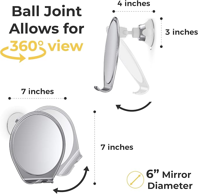 HONEYBULL Fogless Shower Mirror with Suction Mount & Swivel – Anti-Fog Acrylic Bathroom Mirror for Shaving – Built-in Razor Holder, Easy Install, Home Shower Accessory (Chrome)