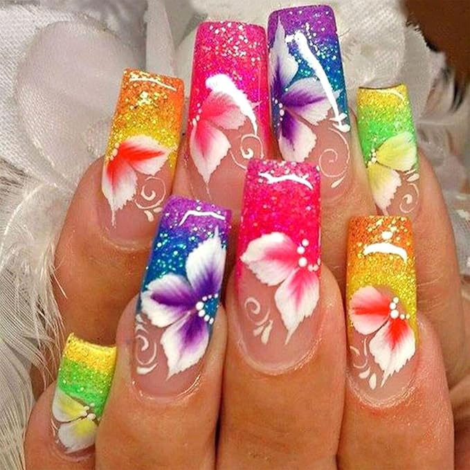 Coffin Press on Nails Medium Colorful French Tip Fake Nails Press ons Flower Glitter Design Glue on Nails Pink Full Cover False Nails Glossy Artificial Acrylic Nails for Girls 24Pcs