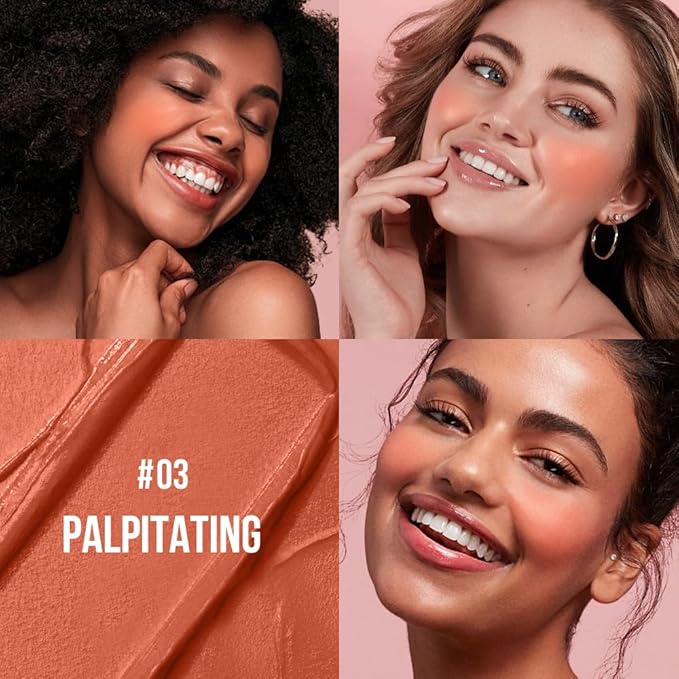 Multi-Use Makeup Cream Blush Stick, Unidollss 3-in-1 Buildable Blush Stick for Cheeks, Eyes, and Lips, Hydrating formula, All day wear, Easy Application with Thumb Puff Included (03 PALPITATING)