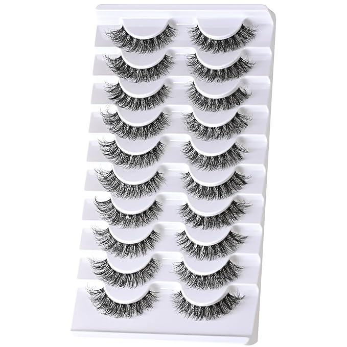 FARRED Cat Eye Lashes Natural False Eyelashes Wispy Eye Lash Fluffy Wispies Eyelash Natural Look 10 Pairs Clear Band Fake Lashes Pack Volume Mink Lash Strips Pestañas (Z06|8-14MM)