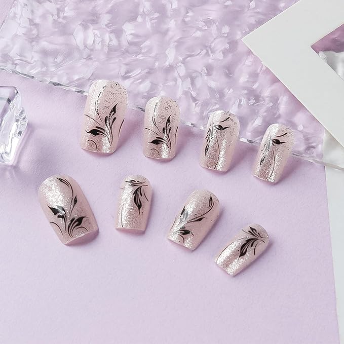 Black Leaf Press on Nails Fall Vine Stick on Fingernails 24Pcs Glossy Silver Glitter Acrylic Fake Nail Thanksgiving Medium Square False Nails Autumn Gel Glue on Nail for Coquette Women Girls