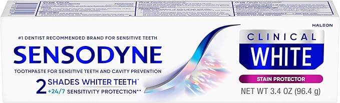 Sensodyne Clinical White Toothpaste Clinically Proven Whitening for Sensitive Teeth, Stain Protector, 3.4 oz x 3
