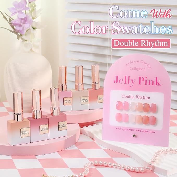 Double Rhythm 6 Pcs 15 ML Gel Polish Set Same Color Same Bottle Soak Off Gel Polish Kit Nail Art Manicure Salon DIY at Home for Women (Jelly Milky White Nude Pink Rose-T6-23)