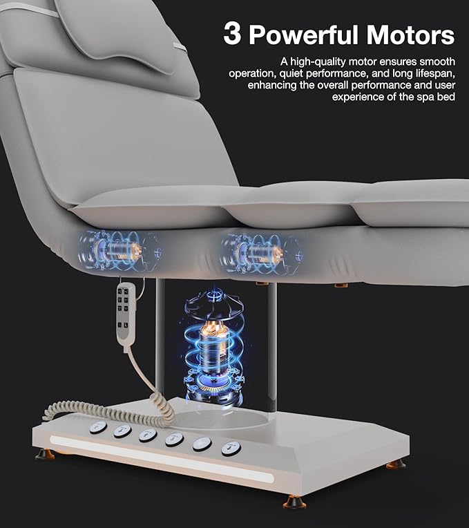 VARONXE Fully Electric Massage Table w/3 Motors, Professional Angle and Height Adjustable Spa Bed Facial Chair, Motorized Esthetician Bed Treatment Table for Beauty Salon, Grey