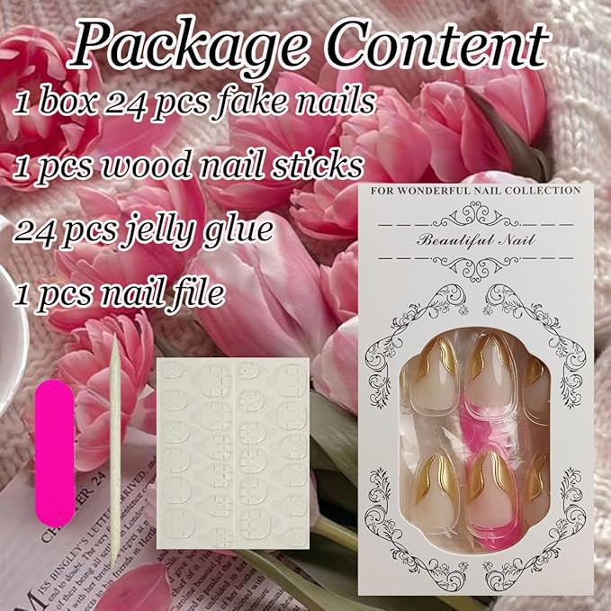 24Pcs 3D Gold Press on Nails Short Almond Fake Nails Irregular Line Design French Tip Acrylic False Nails Glossy Full Cover Chrome Glue on Nails Nude Stick on Nails Stiletto Artificial Nails for Women