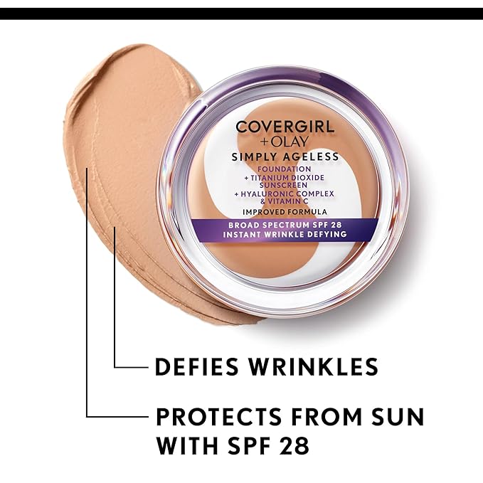 COVERGIRL Simply Ageless Instant Wrinkle Defying Foundation, SPF 28, Hyaluronic Complex & Vitamin C - 245 Warm Beige, Pack of 1
