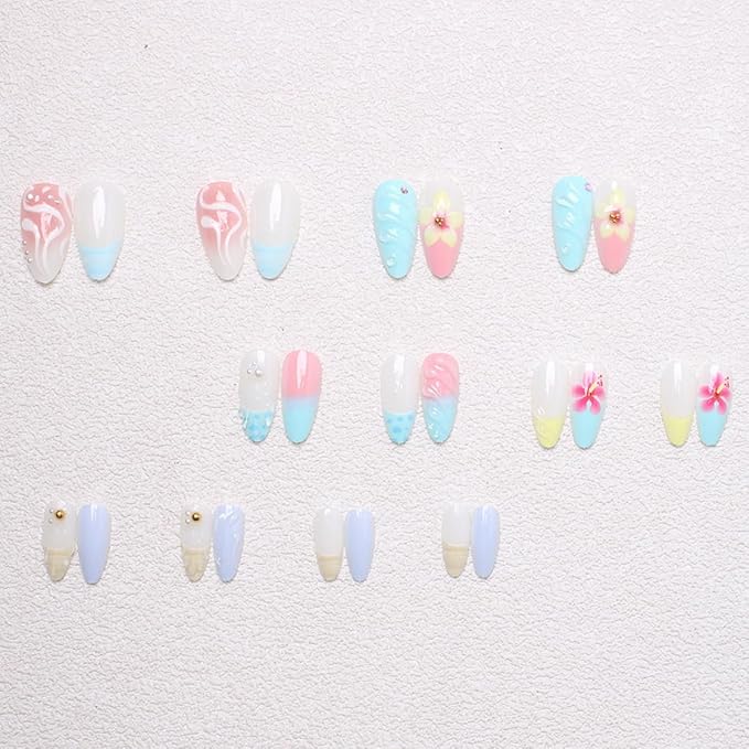 24Pcs Autumn Press on Nails Medium Almond Fake Nails with Ripple Rhinestones Design Cute Flower False Nails Full Cover Handmade Acrylic Nail Reusable French Tip Glue on Nail for Women Manicure Decor