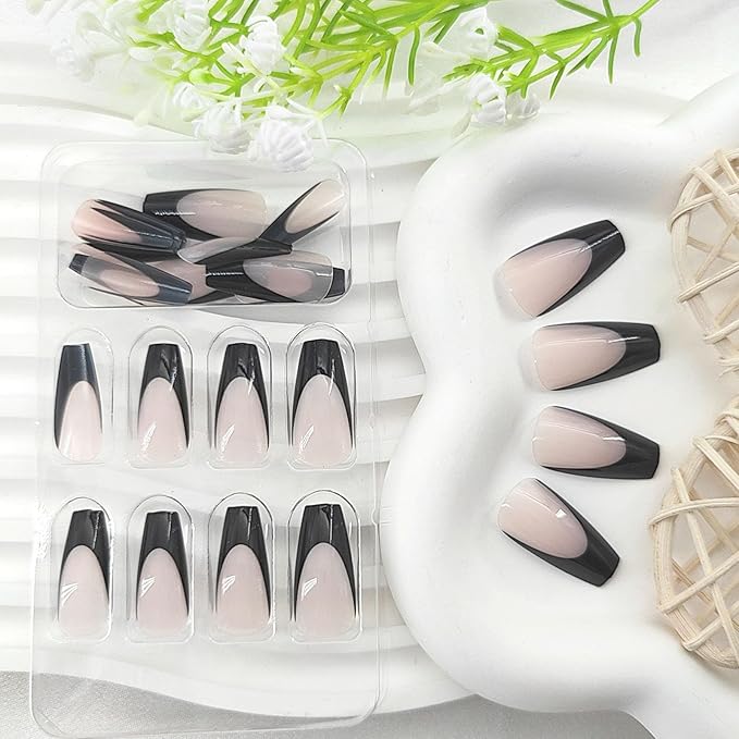 Medium Press On Nails Coffin Fake Nails Black French Tip False Nails Press Ons Nude Transparent Acrylic Glossy Glue On Artificial Stick On Nails for Women 24Pcs