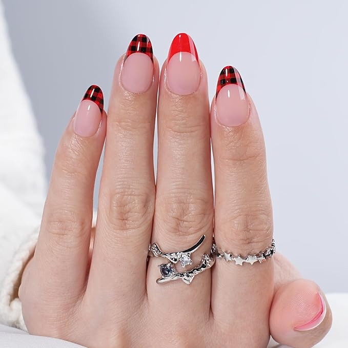 French Tip Press on Nails - Glossy Red Press on Nail, Short Almond Fake Nails Reusable Nails Press ons for Women, 32 Pieces in 16 Sizes False Nails Kit with Glue, Tartan Cheer