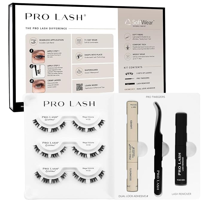 Pro Lash SoftWear Starter Lash Clusters Kit - Seamless, Lightweight Lashes - 7-Day Cluster Eyelash Extensions - 3 Sets of False Eyelashes Plus Adhesive, Remover, Tweezers - Mega Volume No. 03 Black