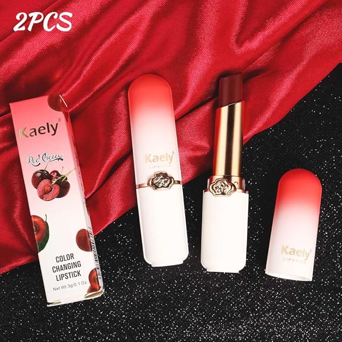 evpct 2Pcs Black Red Cherry Magic Mood Color Changing Lipstick Long Lasting 24 Hours Original for Women, PH Color Change Changing Jelly Lipstick Tinted Lip Balm Gloss Stain Makeup Set labiales magicos