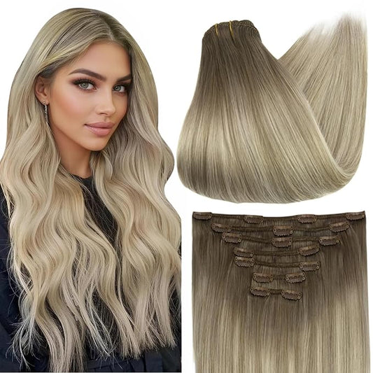 Full Shine Blonde Clip in Hair Extensions Real Human Hair Balayage Light Brown Ombre Blonde Mixed Brown Invisible Clip in Hair Extensions Double Weft Hairpiece 7 Pcs 20 Inch 120 G