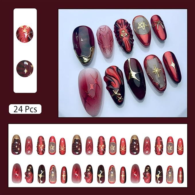 24pcs Red Press on Nails Medium Almond Fake Nails with 3D Glitter Designs French Tip False Nails Star Acrylic Nail Tips Dark Full Cover Glue on Nails for Women Nail Decoration