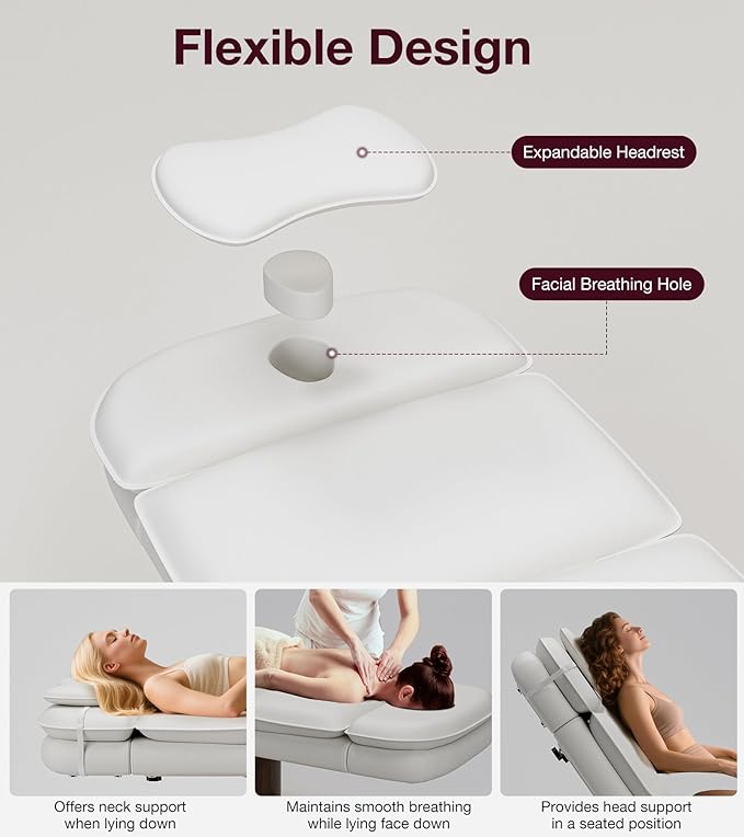 VARONXE Fully Electric Massage Table w/3 Motors, Professional Angle and Height Adjustable Spa Bed Facial Chair, Motorized Esthetician Bed Treatment Table for Beauty Salon, Stool Included, White