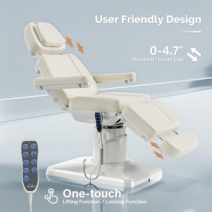 OmySalon Electrical Facial Beauty Spa Medical Treatment Bed, 120° Rotation Massage Tattoo Dental Aesthetic Chair with 3 Motors & Remote Control, Off White