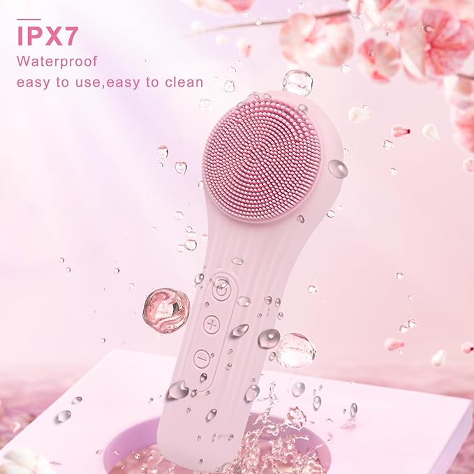 Silicone Face Scrubber Exfoliator, Silicone Face Wash Brush for Men & Women, Ipx7 Waterproof Rechargeable Facial Cleaner for Deep Cleansing, Exfoliating, Massage Face Scrubber (Pink)