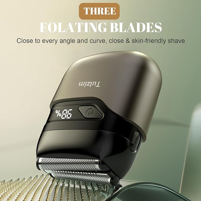 Electric Foil Shaver for Men: Portable Electric Razor for Beard/Face - 3 Floating Blade LED Display USB-C Fast Rechargeable - IPX7 Waterproof for Travel & Home - Brown