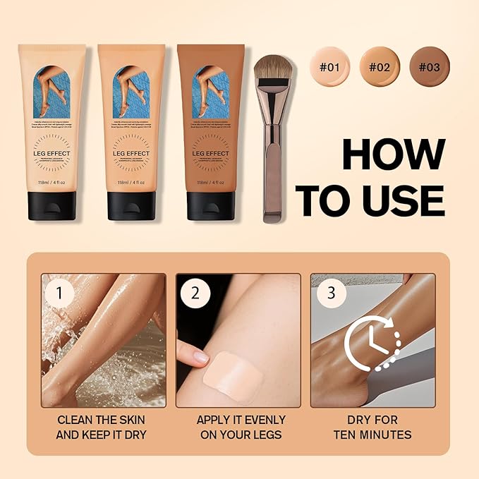Leg Makeup Waterproof with Brush, No Transfer Body Makeup for Legs Full Coverage Waterproof Concealer, Scar & Tattoo Cover Up for All Skin Tones, Long Lasting Makeup (#03)