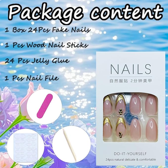 Almond Press on Nails Gold French Tip Fake Nails with Designs Chrome Acrylic Nails Glossy Nude Pink Full Cover Stick on Nails Artificial Almond Nails Tips False Nails for Women Manicure 24Pcs