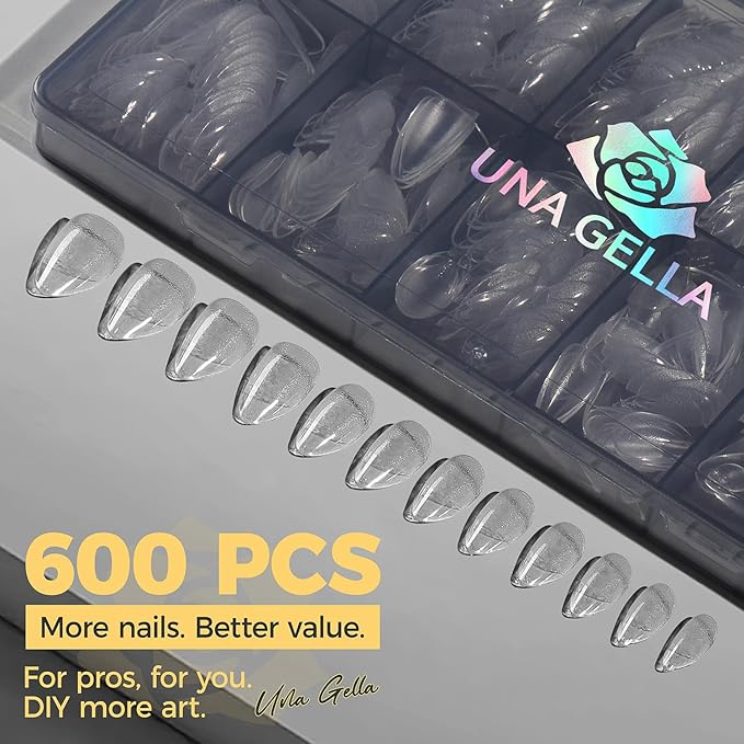 UNA GELLA Short Almond Gel Nail Tips, 600 Pcs Pre-Filed Short Nail Tips Almond Shape Half Matte Press On Nails 12 Sizes Full Cover Clear Fake Nails for Extension Home DIY Salon with Box