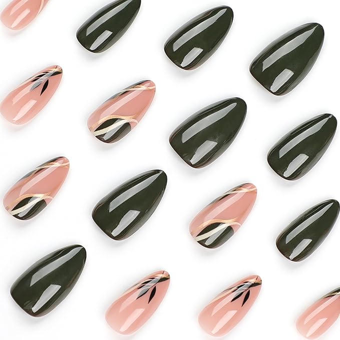 Almond Press On Nails - Green Leaf Designs, Medium False Nails, Reusable Glue On, Glossy Acrylic Finish, DIY Manicure Set