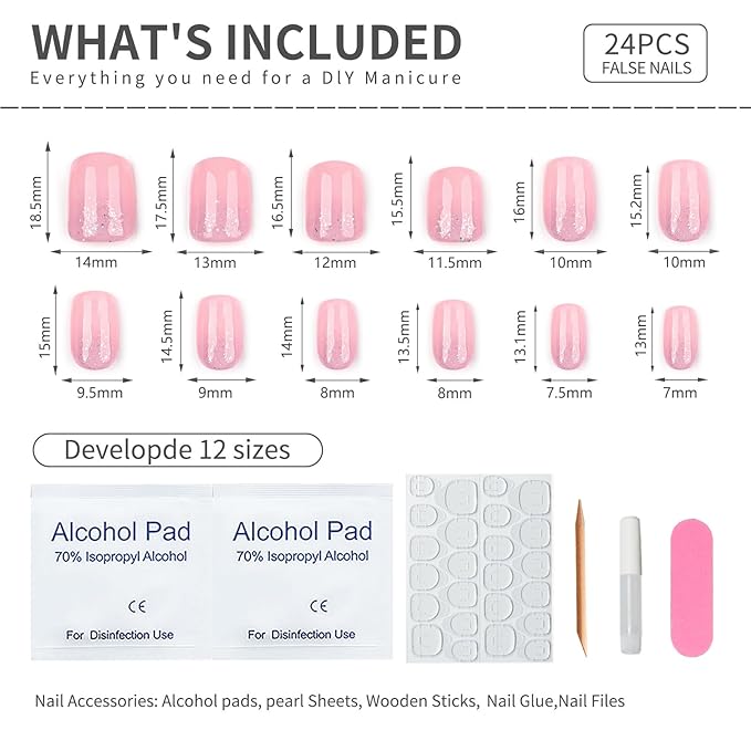 Square Press On Nails Short – Nude Pink Glitter Acrylic Fake Nails, 24PCS Glossy Thick False Nails Kit, Durable Reusable Stick On Nails with Glue & Tools for Women, DIY Salon Manicure