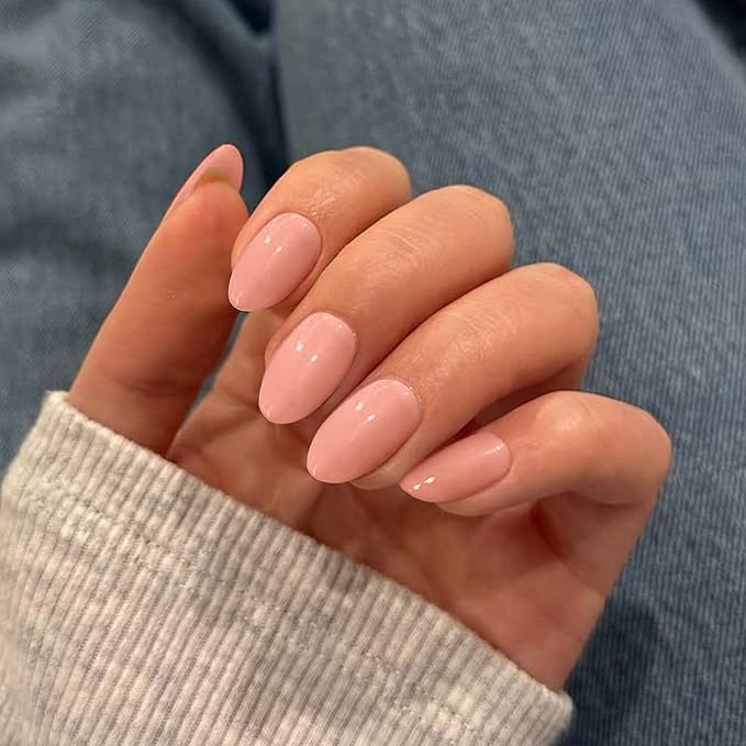Coral Press on Nails Short Almond Fake Nails Press ons, Thick Solid Color Glue on Nails Short False, Medium Almond Oval Round Shaped for Women, 24Pcs Natural Acrylic Gel Nail