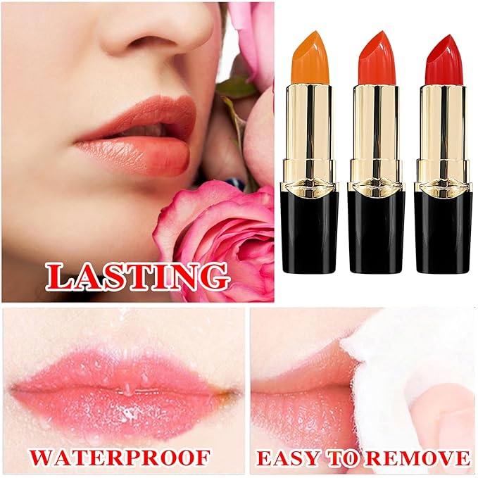 3 Pcs Temperature Color Change Lipstick,Long Lasting Nourishing Moisturizing Lipgloss,Magic Temperature Color Changing Lipstick,Lip Gloss,Waterproof Matte Lip Balm Makeup AB005