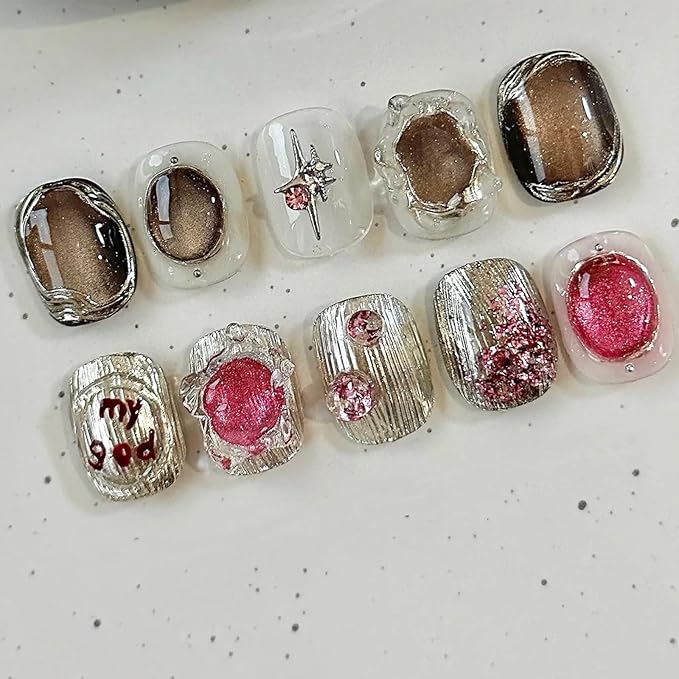 30Pcs Chrome Gold Press on Nails Short Square Fake Nails Star Gem Rhinestones Design Handmade Artificial Nails Glossy Stick on Nails Shining Candy Mirror False Nails Cute Short Glue on Nails for Women