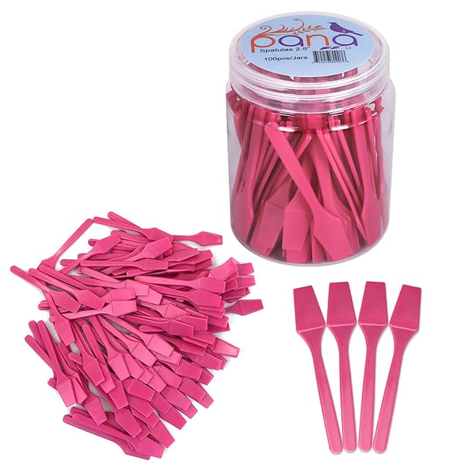 PANA 100pcs Brand Cosmetic Make Up Disposable Plastic 2.5" Spatulas Skin Care Facial Cream Mask Spatula (100 Pieces in a Container) (PINK)