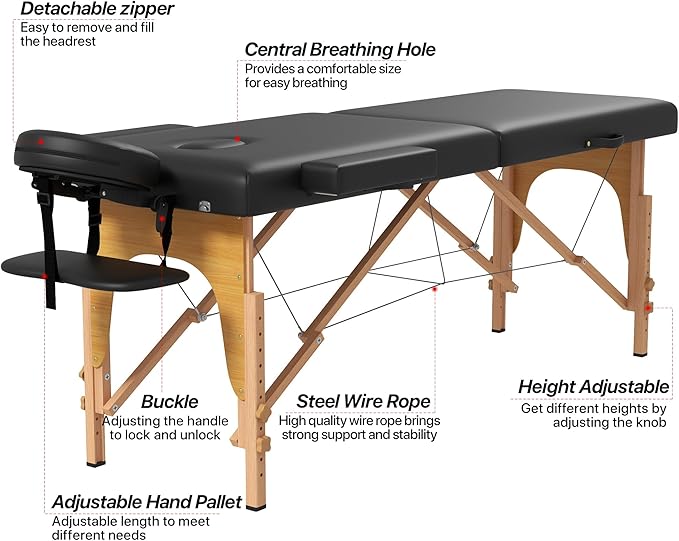 Massage Table Massage Bed, 27'' Wide Portable 2 Section Foldable Tattoo Bed, Height Adjustable Lash Spa Bed with Face Cradle, Home Light Weight Facial Salon Bed with Wood Frame, Black