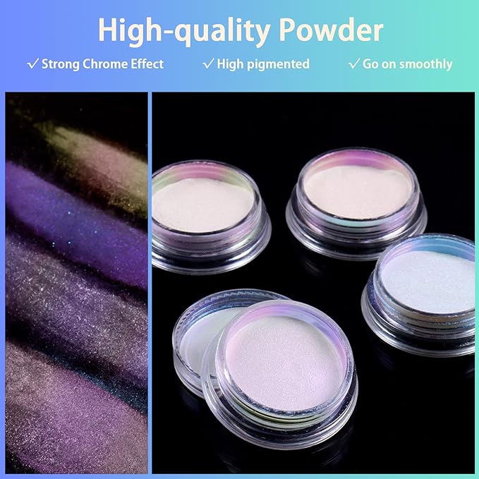 Allstarry White Chrome Nail Powder, 4 PCS Color-Shift Chameleon Mica Powder Pearlescent Pearl Pigment Aurora Chrome Effect Glitter Dust Iridescent for Gel Polish Nail Art Decoration, Resin Craft