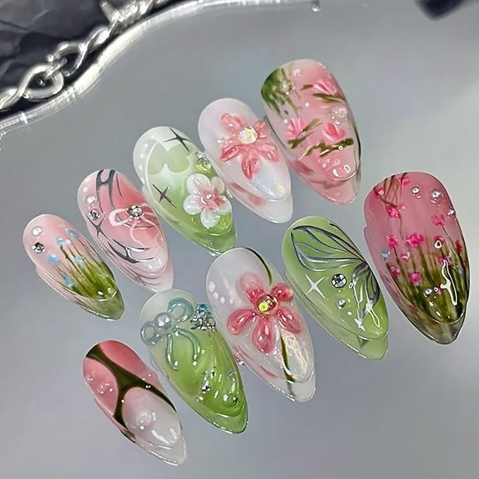 24Pcs Spring Summer Press on Nails Medium Almond Fake Nails 3D Flowers Butterfly Bow Pearl Design Full Cover Stick on Nails Reusable Green Pink Nails Flower False Nails for Women Girls Acrylic Nails