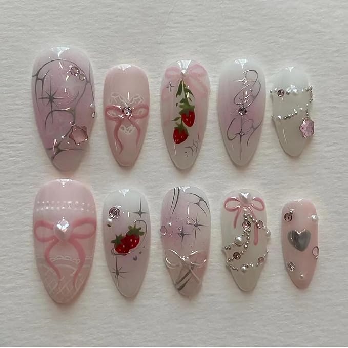 Long Almond Press on Nails French Tip Pink Fake Nails Bow Rhinestones with Strawberry Pattern Design Pearl False Nails Heart Stick on Nail Full Cover Reusable Acrylic Nail Art for Women 24 Pcs