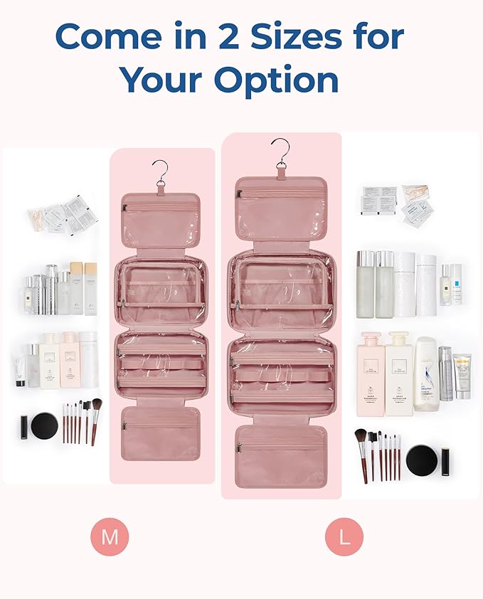 BAGSMART Travel Toiletry Bag with Jewelry Organizer, Hanging Travel Bag for Toiletries, Puffy Makeup Cosmetic Bag Organizer, Carry-on Travel Accessories Essentials, Dark Pink-L