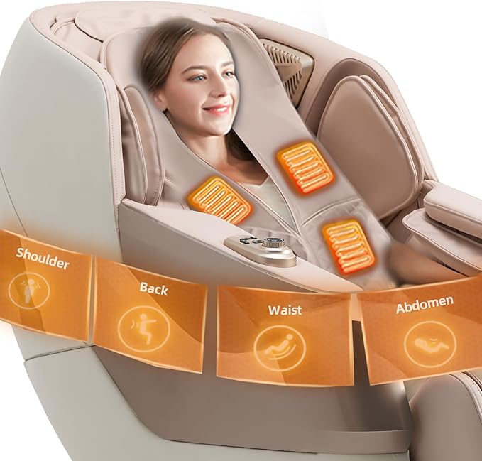 MassaMAX MT339 4D Massage Chair, Full Body Shiatsu Recliner with Electric Extendable Footrest, Zero Gravity, SL Track, Deep Yoga Stretch, 15 Modes, AI Voice Control, Foot Rollers, and Heating (Golden)
