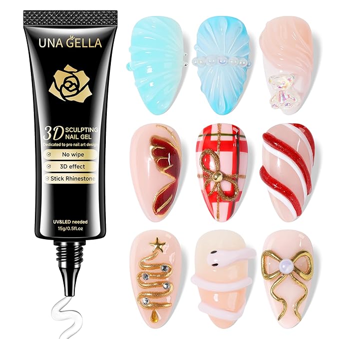 UNA GELLA 3D Gel Nail Art, 3D Nail Gel Sculpting G el Glue 15g 4 in 1 No Wipe Clear Nail Polish for Nails Tips, Chrome Powder, Nail Charms Gems, Drawing and DIY Christmas Nail Art Lamp Curing Needed