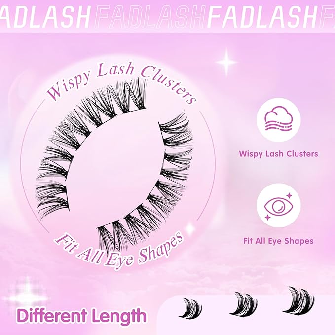 FADLASH Lash Clusters Wispy Eyelash Clusters 40D Natural Individual Lashes 8-16 mm and Waterproof Cluster Eyelash Extensions with Soft Thin Band