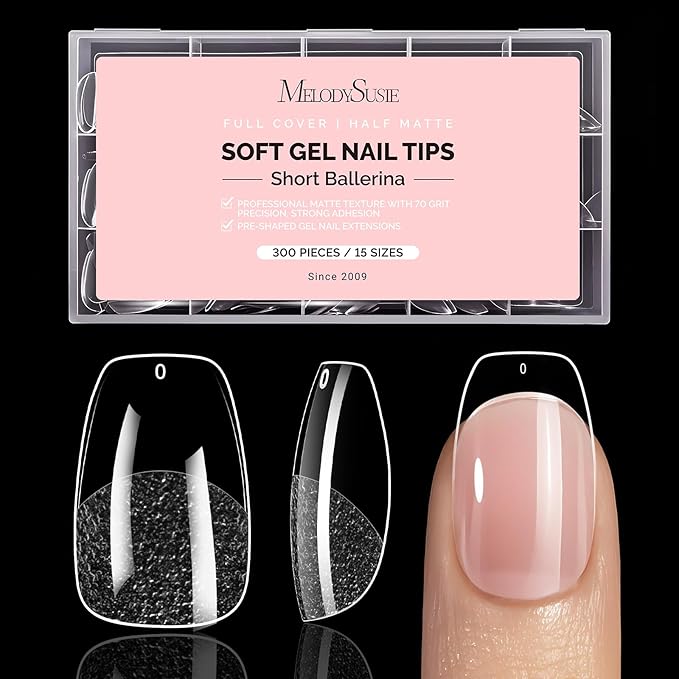 MelodySusie Short Ballerina X Nail Tips - 300Pcs Clear Acrylic, Half Matte Full Cover Press on Nails for DIY Extension & Salon Use,15 Sizes Pre-Shaped for Long-Lasting Manicure