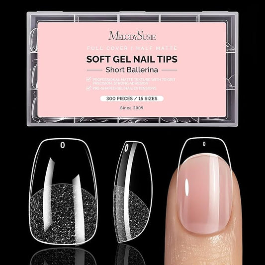 MelodySusie Short Ballerina X Nail Tips - 300Pcs Clear Acrylic, Half Matte Full Cover Press on Nails for DIY Extension & Salon Use,15 Sizes Pre-Shaped for Long-Lasting Manicure
