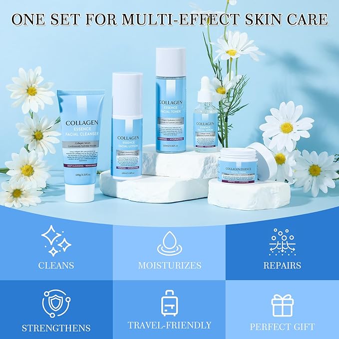 Collagen Skin Care Sets, 5 Pcs Facial Set for Skin Care for Women with Cleanser, Serum, Toner, Lotion & Cream, for Firming Skin, Reduce Wrinkles AOPEIBOTO