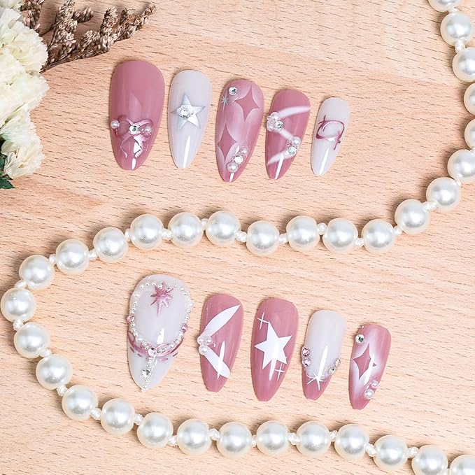 24Pcs Pink Almond Press on Nails Medium French Tip Fake Nails Silvery White Star Glue on Nails with 3D Pearl Rhinestones Full Cover Handmade False Nails Bow Acrylic Nails for Women Stick on Nails