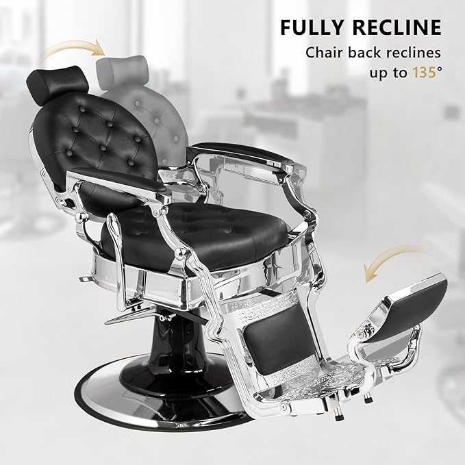 OmySalon Vintage Barber Chair All Purpose Heavy Duty, Hydraulic Recline Salon Beauty Styling Chair Retro, 360 Degree Swivel for Hair Stylist Tattoo, Round Base, Tufted Button