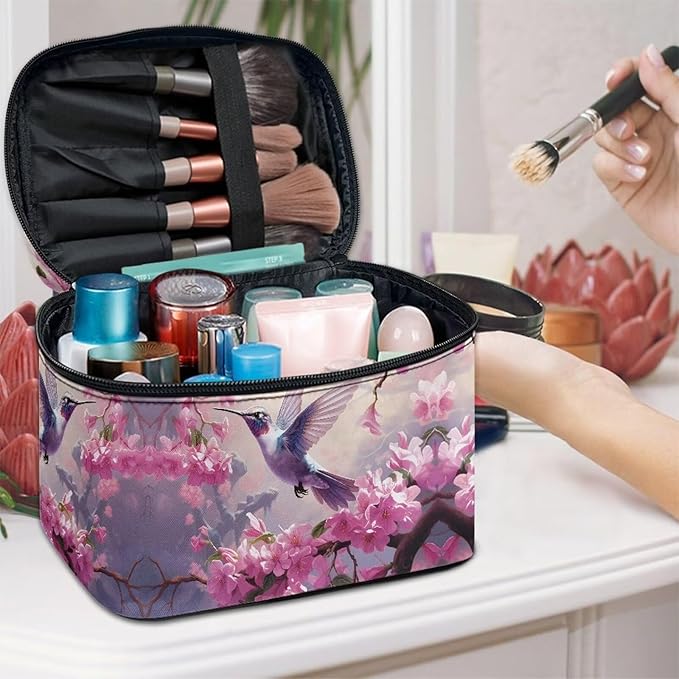 Hummingbird and Pink Flowers Print Travel Makeup Bags for Women Portable Tote Cosmetic Case with Carry Handle Toiletry Accessories Storage Organizer Bags